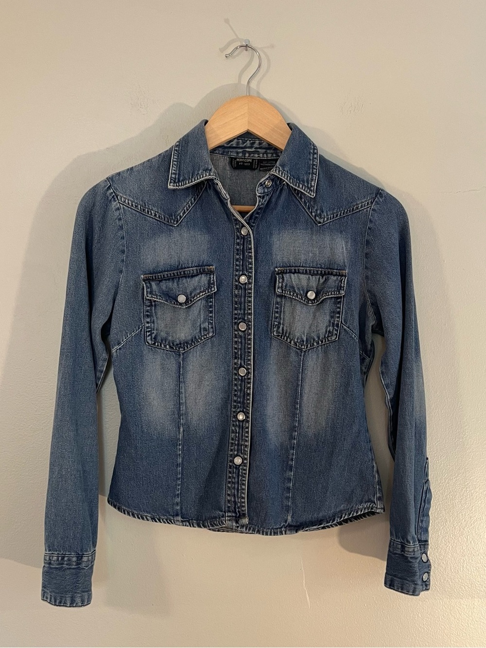 Vintage Periscope pearl snap denim button-up shirt western cowgirl Americana